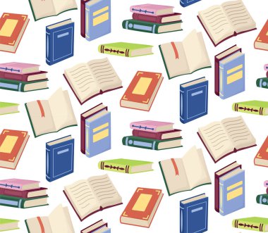 Renkli kitaplarla el çizimi arka plan. Okuma ve edebiyat aşıkları temasında kusursuz desen