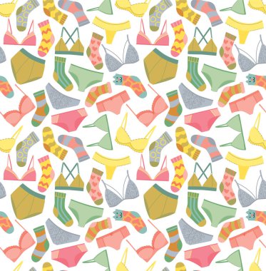 Güzel kadın iç çamaşırı ve çoraplarıyla kusursuz bir desen. Pastel renklerde gardırop ögeleriyle düz arkaplan