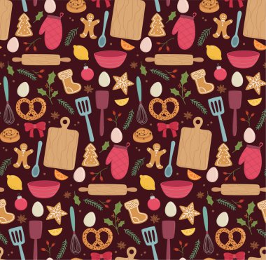 Pastane ürünleri ve yeni yıl dekorasyonlarıyla sevimli bir geçmişi var. Noel pişirme elementleriyle elle çizilmiş pürüzsüz desen