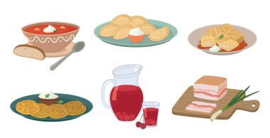 Bir dizi Ukrayna ulusal yemekleri borsch, varenyky, holubtsy, compote, salo, deruny. Geleneksel Ukrayna mutfağıyla daire çizimi