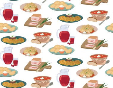 Ukrayna ulusal yemeklerinde kusursuz desen. Borç, varenyky, holubtsy, compote, salo, deruny