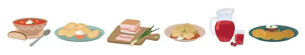Geleneksel Ukrayna yemekleri koleksiyonu salo, borsch, varenyky, deruny, holubtsy, compote. Ulusal Ukrayna mutfağı ile renkli çizimler