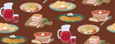 Geleneksel Ukrayna yemekleriyle kusursuz bir geçmişi var. Borç, varenyky, holubtsy, salo, deruny, cherry compote ile düz desen