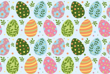 Renkli paskalya yumurtaları ve yapraklarıyla kusursuz desen. El çizimi şirin arkaplan