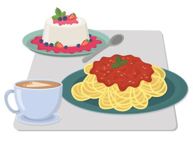 Öğle yemeğinde İtalyan yemekleriyle hayat. Spagetti, meyveli panna cotta ve kapuçino.