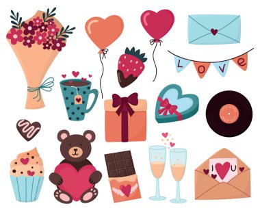 Balonlar, şekerler, köpüklü şarap, hediyeler, bir buket çiçek ve diğerleriyle Sevgililer Günü seti. Renkli düz çizimler, kalp şeklinde çeşitli şirin ıvır zıvırlar..