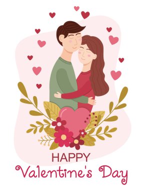 Birbirine aşık bir çiftin kompozisyonu ve çiçekli ve yapraklı bir kalp. Sevgililer günü için bir erkek ve bir kadının kucaklaştığı tebrik kartı.
