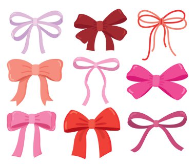 Sevgililer Günü renklerinde bir dizi bayram kurdelesi. Farklı tatil tasarımları için güzel pembe ve kırmızı elementler