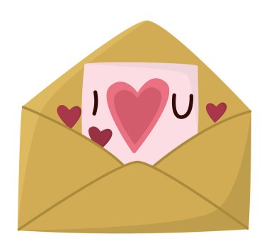 Kalpli bir aşk mektubu ile illüstrasyon. Sevgililer Günü tebrik kartı beyaz arka planda izole edilmiş bir zarfın içinde..