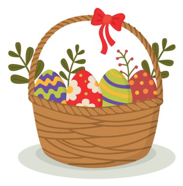 Parlak boyanmış yumurtalarla dolu Paskalya sepeti. Geleneksel bayram sembolleriyle şenlikli illüstrasyon