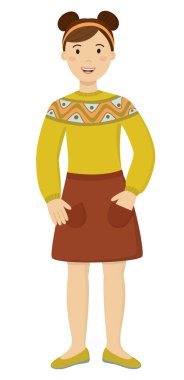 Şirin bir ergenle düz çizim. Etek ve süveter giyen uzun boylu, gülümseyen bir kız.