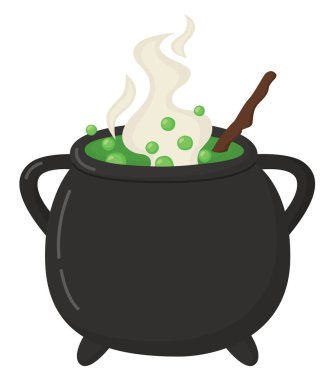 Kaynayan yeşil iksirli cadı kazanı. Beyaz tencereyle izole edilmiş Cadılar Bayramı çizimi