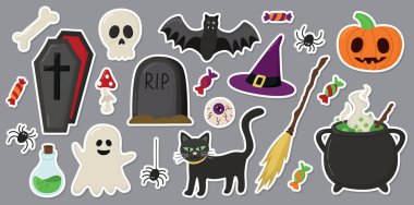 Cadılar Bayramı için hayalet, kafatası ve kemik, balkabağı, yarasa, örümcek, siyah kedi, iksirli kazan, mezar, süpürge, cadı şapkası, şeker ve tabutlu çıkartmalar.