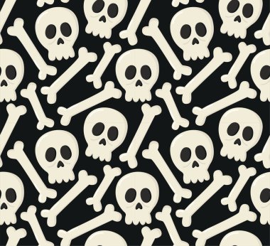 Tuhaf kafatasları ve kemikleri olan kusursuz bir geçmişi var. Siyah arkaplanda Cadılar Bayramı için ürkütücü desen