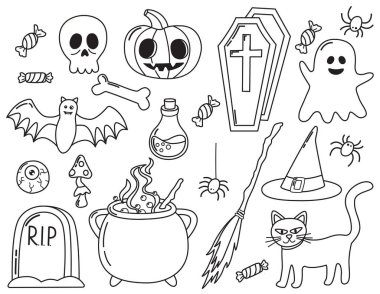 Doğrusal cadılar bayramı elementleri kümesi. Karalama tarzında sevimli romantik şeyler. Kara kedi, balkabağı, hayalet, yarasa, kafatası ve kemik, şeker, iksirli kazan, tabut, süpürge, cadı şapkası ve mezar