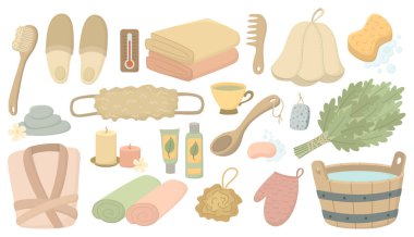 Sauna ve spa için güzel banyo aksesuarları. Tahta kova, sabun, havlular, yapraklardan yapılmış süpürge, şampuan ve diğer malzemeler.