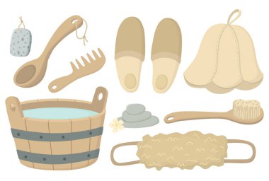 Sauna, banyo, sağlık, spa ve rahatlama için doğal malzeme aksesuarları. Tahta fırça, kova, kepçe, sünger, tarak, sünger...