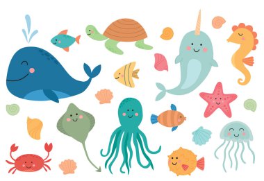 Deniz canlıları ve kabuklar beyaz bir arkaplanda izole edilmiş. Suyun altında yaşayan sevimli karakterler.