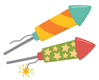 Şenlikli bir selam için renkli havai fişekler. Beyaz arka planda izole edilmiş kutlama nesnesi