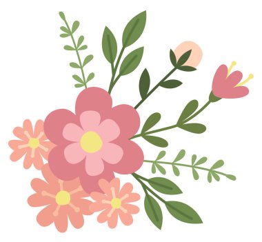 Çiçekleri, dalları ve yaprakları olan hoş bir illüstrasyon. Beyazda izole edilmiş renkli çiçek bileşimi