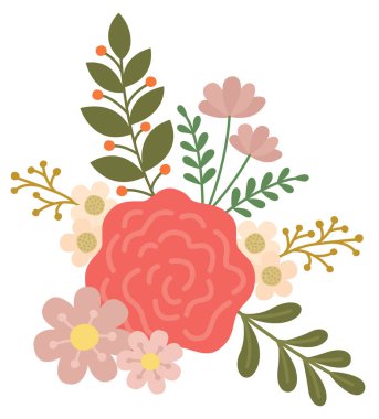 Kaydedilen çiçekler, yapraklar ve dallarla sevimli bir kompozisyon. Güzel çiçek illüstrasyonu