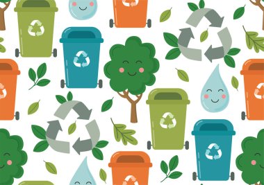 Geri dönüşüm ve Dünya gezegenini koruma konularında kusursuz bir düzen. Çöp tenekeleri, ağaçlar, yapraklar, su ile renkli bir arkaplan.