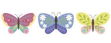 Dekoratif sevimli kelebekler. Bahar renkli böceklerle el çizimi.