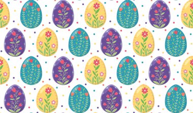 Renkli Paskalya yumurtalarıyla kusursuz bir desen. Geleneksel bayram sembolleriyle şenlik arka planı