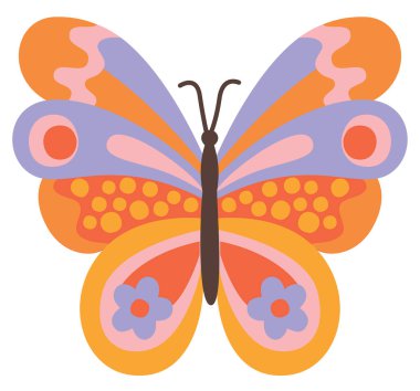 Beyaz arka planda izole edilmiş renkli bir kelebek tasviri. Şirin parlak uçan böcek.