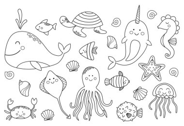 Bir dizi doğrusal sevimli deniz hayvanı. Karalama tarzında çizilmiş okyanus altı karakterleri