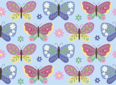 Dekoratif kelebekler ve çiçeklerle kusursuz desen. Soyut renkli arkaplan