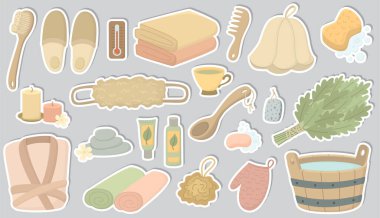 Sauna, sağlık ve spa için banyo aksesuarları olan çıkartmalar. Tahta kova, yapraklardan, sabundan, havlulardan, kozmetikten ve diğer şeylerden yapılmış süpürge.