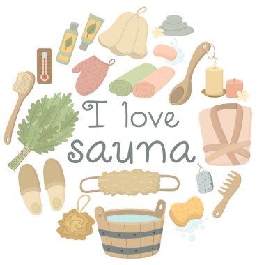 El çizimi spa elementleri daire şeklinde ve yazısıyla saunayı seviyorum. Renkli banyo ve sağlık aksesuarları.