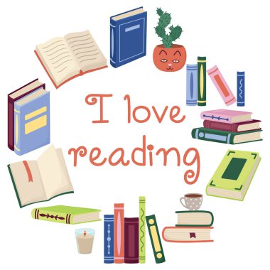 Pankart ya da pankart için sevimli yuvarlak tasarımı okumayı seviyorum. Beyaz üzerine izole kitaplar dizisi