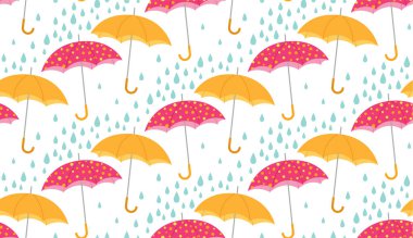 Parlak şemsiyeli ve yağmur damlalı kusursuz desen. Yağmurlu hava için aksesuarları olan renkli bir arkaplan