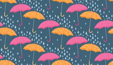 Şemsiyeleri ve yağmur damlaları olan kusursuz bir arka plan. Sonbahar yağmurlu hava aksesuarlarıyla renkli desen