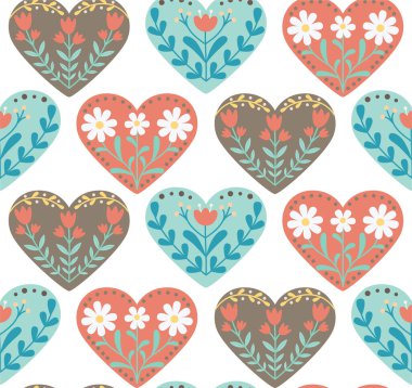 Çiçekli kalplerin kusursuz deseni, halk tarzında. Şirin bohem elementlere sahip bir arkaplan