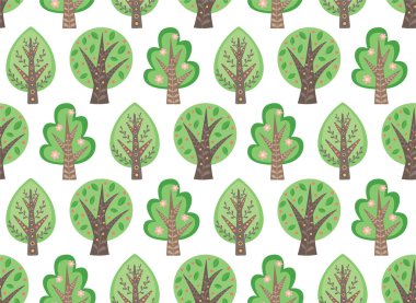 Çiçekli güzel ağaçların kusursuz desenleri. Halk tarzında dekoratif yeşil bahçeli arka plan.