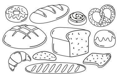 Farklı türde ekmek ve fırın ürünleri. Karalama biçimindeki basit ögeler.