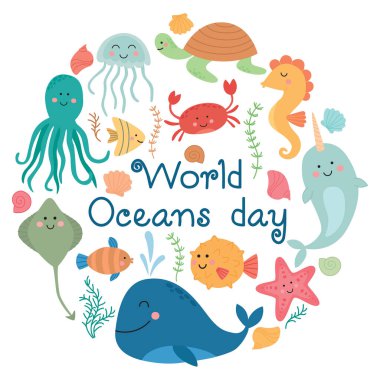 Komik deniz hayvanlarının daire şeklinde olduğu Dünya Okyanusları Günü konsepti. Yuvarlak afişte sevimli su altı karakterleri