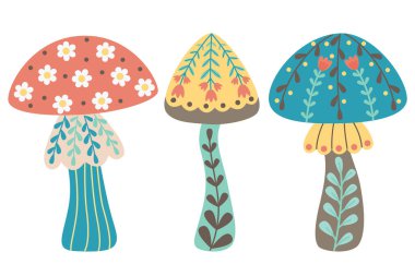 Bohem tarzında çizilmiş bir dizi mantar. Çiçeklerle süslenmiş sevimli bitkiler.