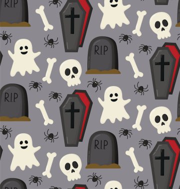 Kafatasları, mezarı, kemikleri, hayaletleri, tabutu ve siyah örümcekleri olan kusursuz bir cadılar bayramı deseni. Ürkütücü tatil geçmişi