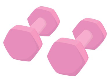 Beyaz arka planda izole edilmiş iki pembe spor dambılı. Jimnastik ve spor aletleriyle illüstrasyon