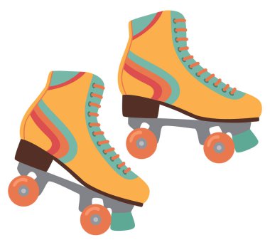 Beyazın üzerinde izole edilmiş bir çift retro paten. Beyaz renkli paten çizgileri için sarı ayakkabılar