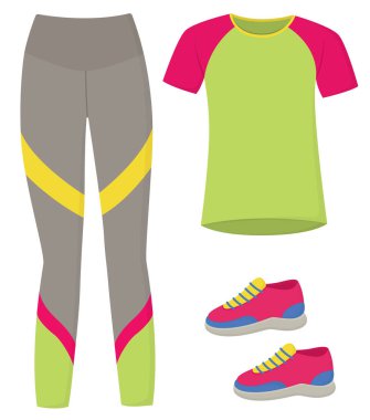 Spor ayakkabılı, taytlı, tişörtlü. Antrenman, spor kıyafeti ve aktif yaşam tarzı için kadın spor giyimi