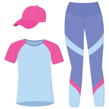 Beyaz taytlı, tişörtlü ve beysbol şapkalı spor seti. Forma için kadın spor giyimi ya da günlük tarz.
