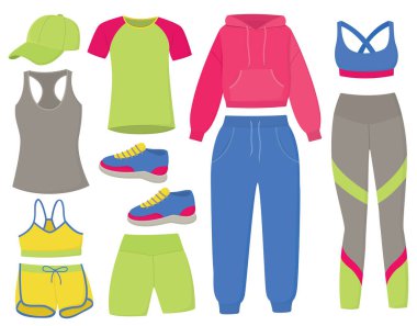 Beyazlara izole edilmiş parlak kadın spor kıyafetleri. Spor kıyafetleri ve spor ayakkabıları spor ya da şehir tarzı