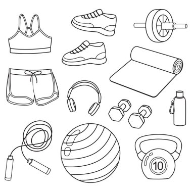 Karalama tarzında spor aletleri ve kıyafetlerle ayarlanmış. Fitness ve spor aksesuarları ile doğrusal illüstrasyon