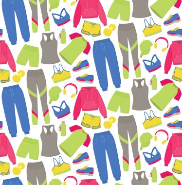 Spor kıyafetleri ve spor ayakkabıları ile renksiz desenli. Kadın spor kıyafetleriyle sevimli bir arka plan.