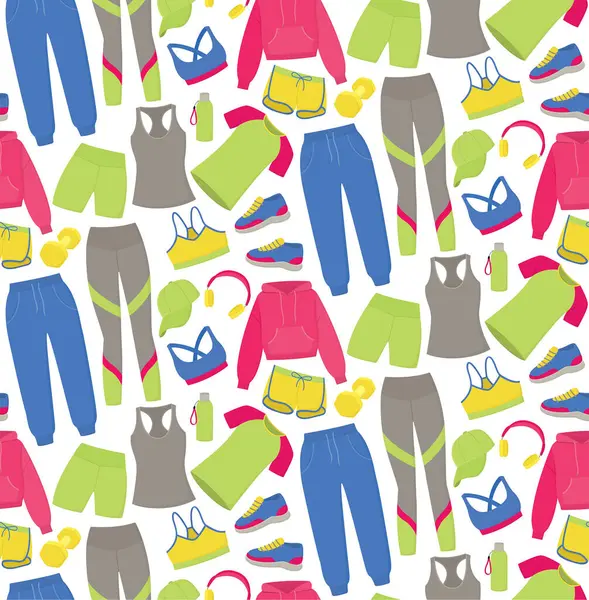 Spor kıyafetleri ve spor ayakkabıları ile renksiz desenli. Kadın spor kıyafetleriyle sevimli bir arka plan.